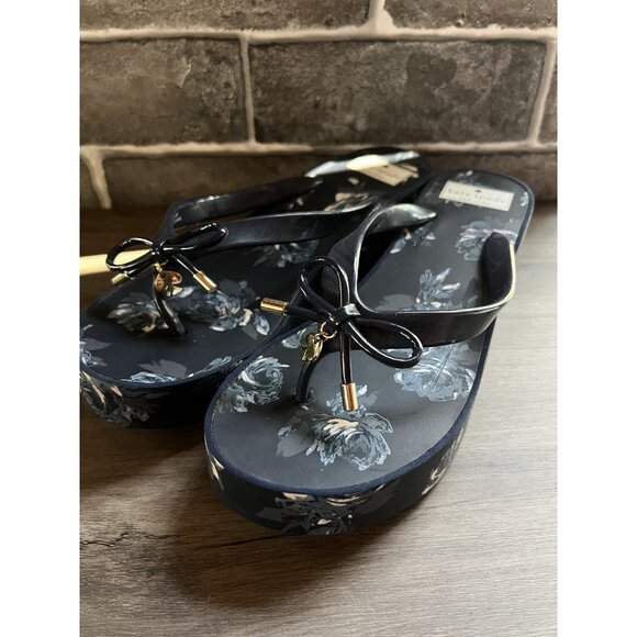 Kate Spade Blue Floral Wedge Sandals Size 9 Thong Summer Beach Party - Picture 4 of 16